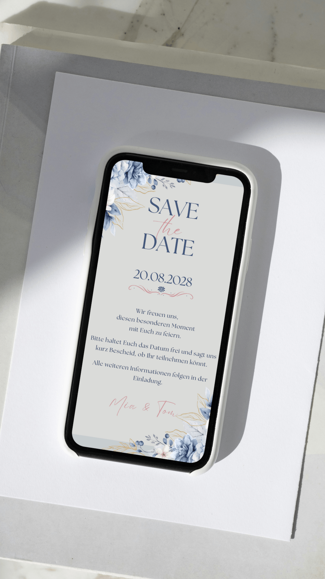 Digitale Save - the - Date Karte – Blau & Florales Aquarell - karten - digital