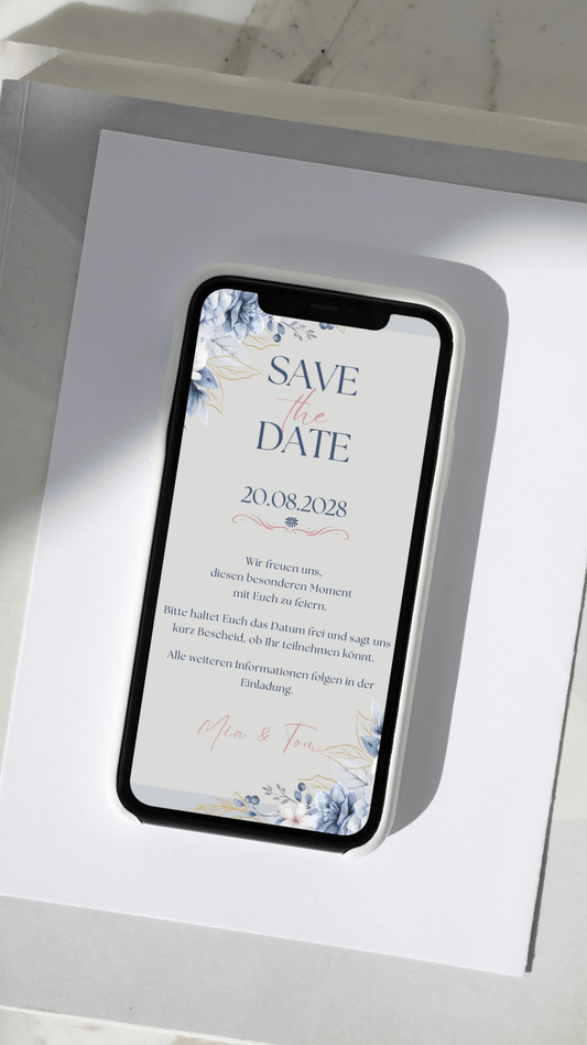 Digitale Save - the - Date Karte – Blau & Florales Aquarell - karten - digital