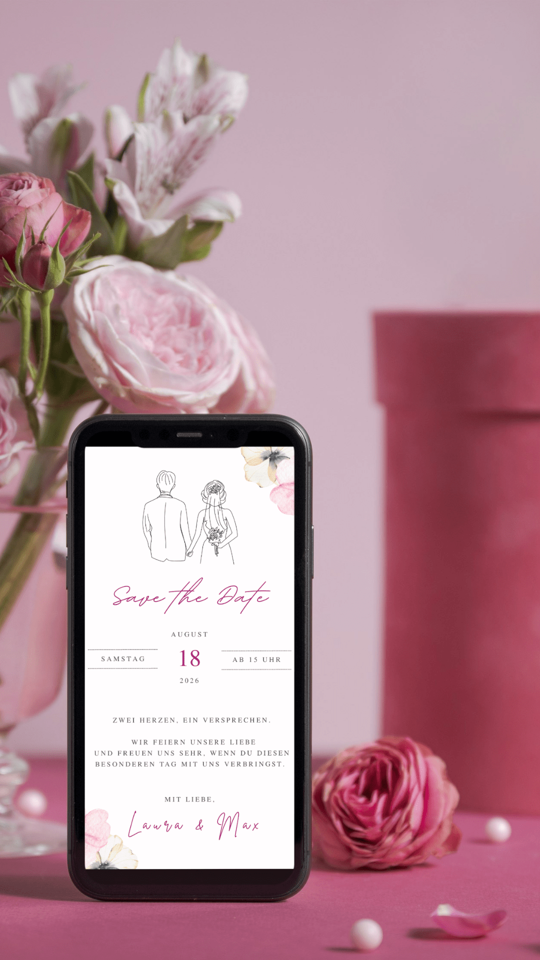 Digitale Save the Date Karte – Brautpaar & Blumen - karten - digital