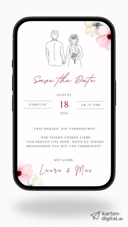 Digitale Save the Date Karte mit Brautpaar-Illustration und Blumen.