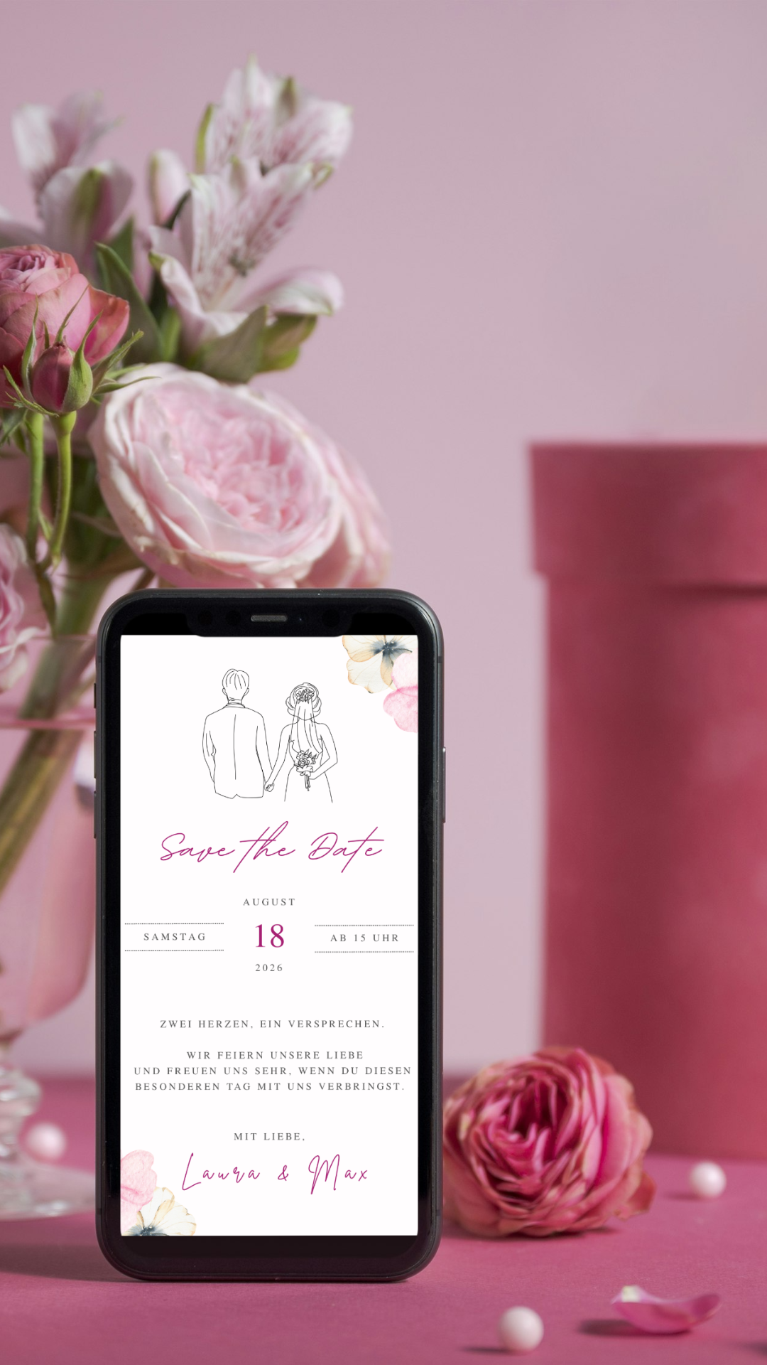 Digitale Save the Date Karte mit Brautpaar-Illustration und Blumen.