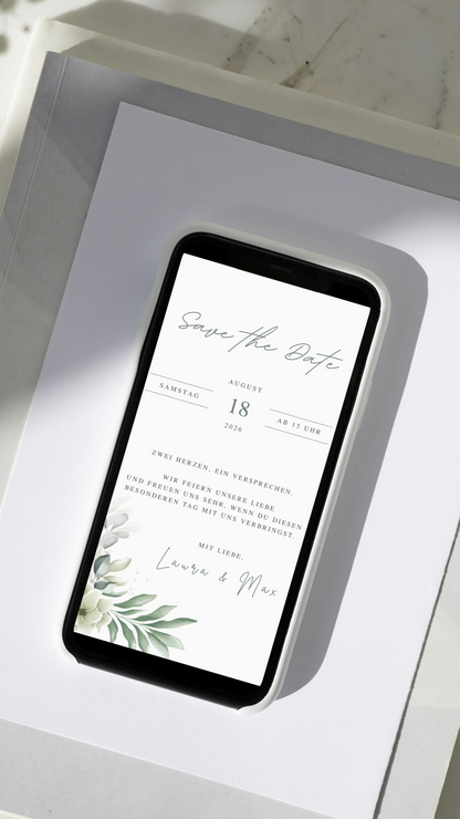 Digitale Save the Date Karte mit Eukalyptus und minimalistischem Design.