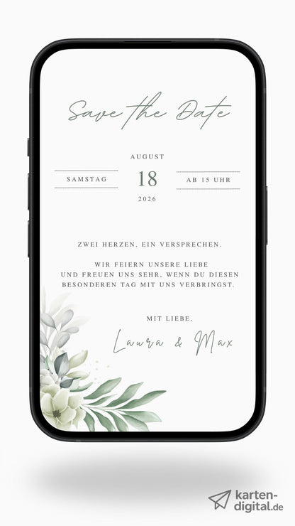 Digitale Save the Date Karte mit Eukalyptus und minimalistischem Design.