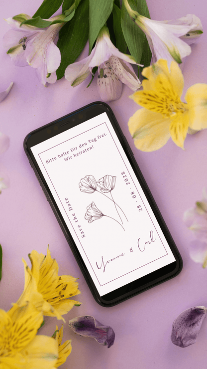 Digitale Save - the - Date Karte – Line Art Blüten - karten - digital