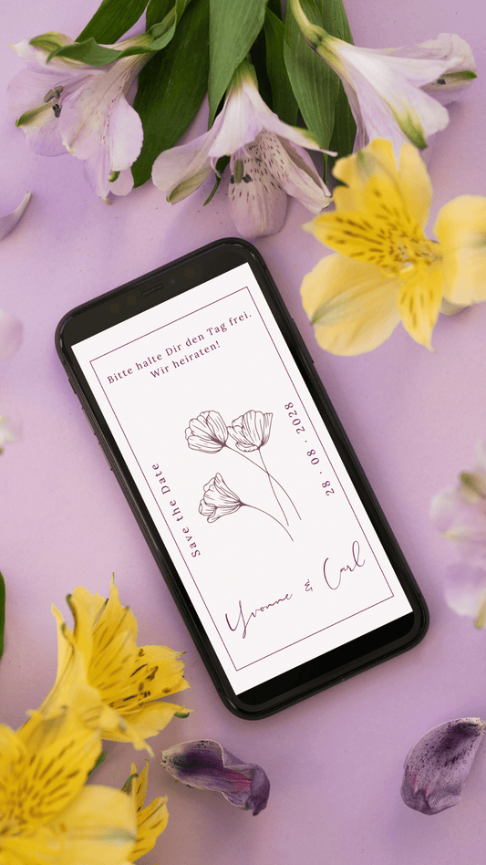 Digitale Save - the - Date Karte – Line Art Blüten - karten - digital