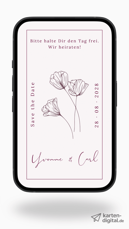 Digitale Save - the - Date Karte – Line Art Blüten - karten - digital