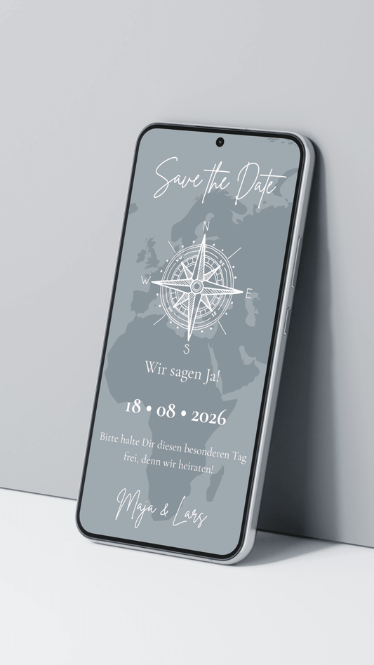 Digitale Save - the - Date Karte mit Kompass – stilvoll für Fernbeziehungen & Hochzeiten im Ausland - karten - digital