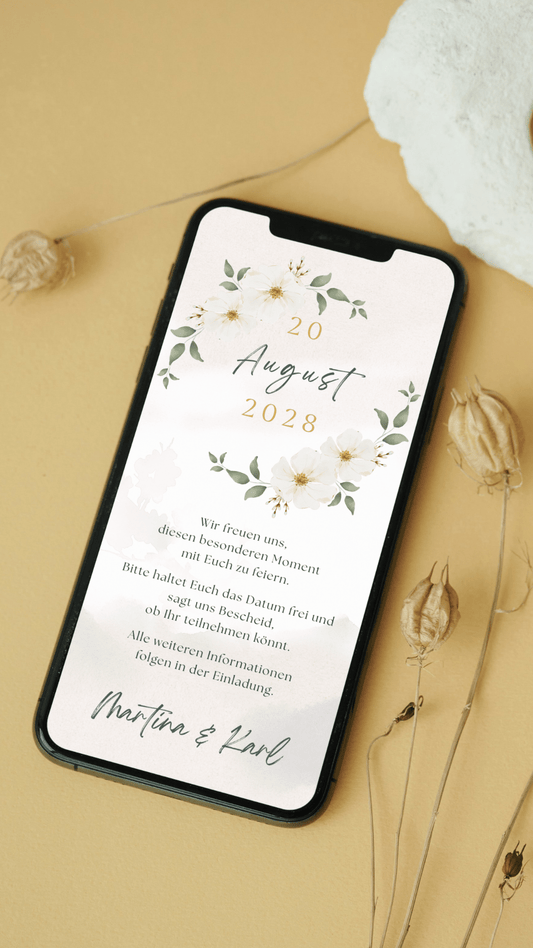 Digitale Save - the - Date Karte – Weißblüte Aquarell - karten - digital