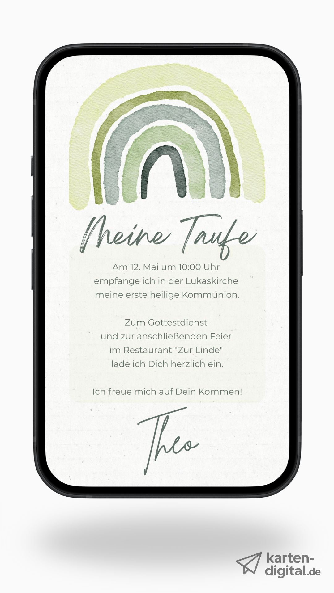 Digitale Taufeinladung mit Aquarell-Regenbogen in Grüntönen.
