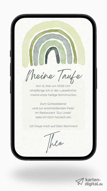Digitale Taufeinladung mit Aquarell-Regenbogen in Grüntönen.