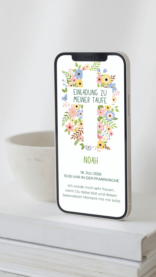 Digitale Taufeinladung – Blumenkranz & Kreuz - karten - digital