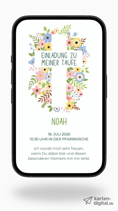 Digitale Taufeinladung mit Blumenkranz in Kreuzform.