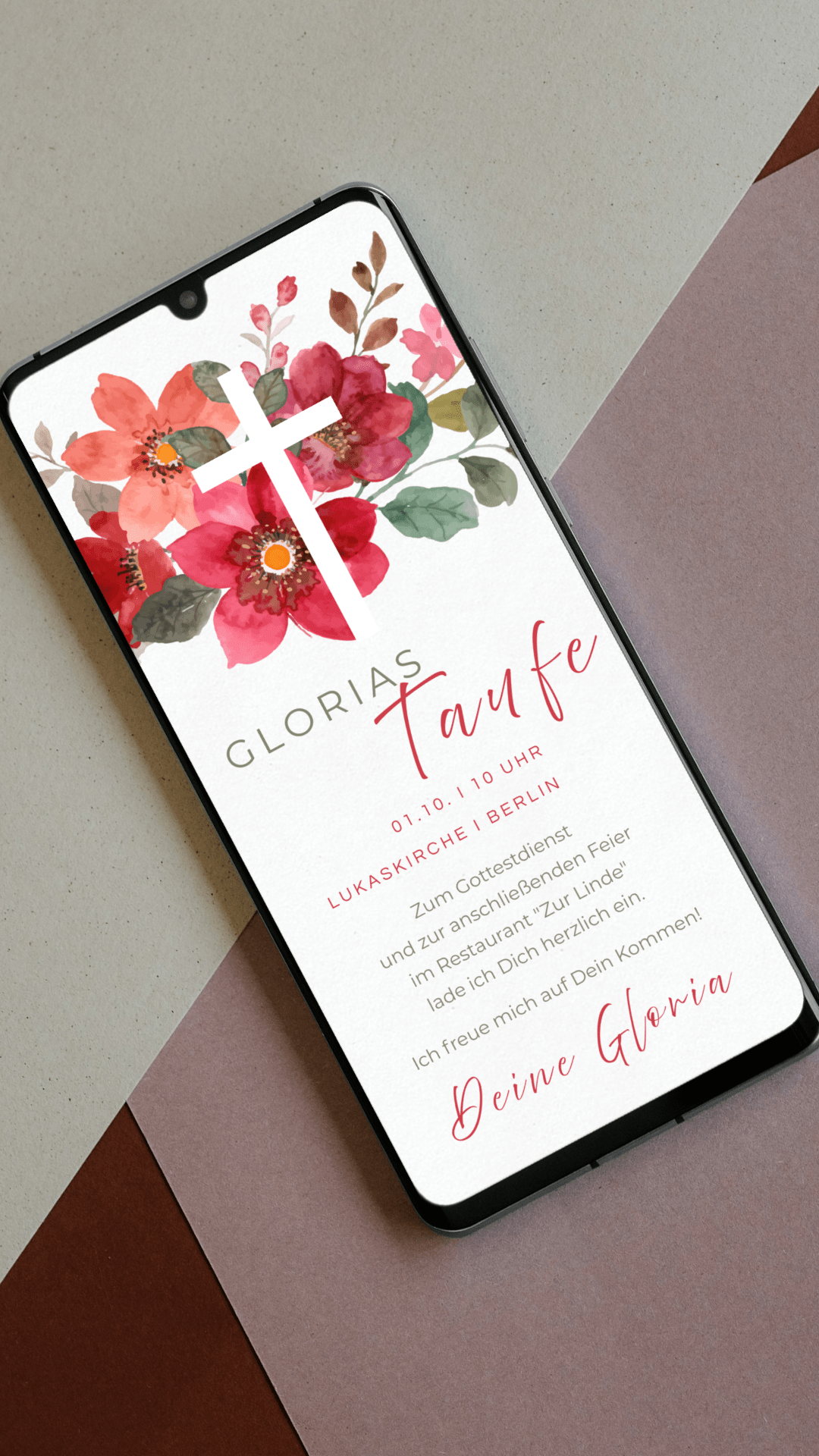 Digitale Taufeinladung – florales Design mit Kreuz in kräftigen Rottönen - karten - digital