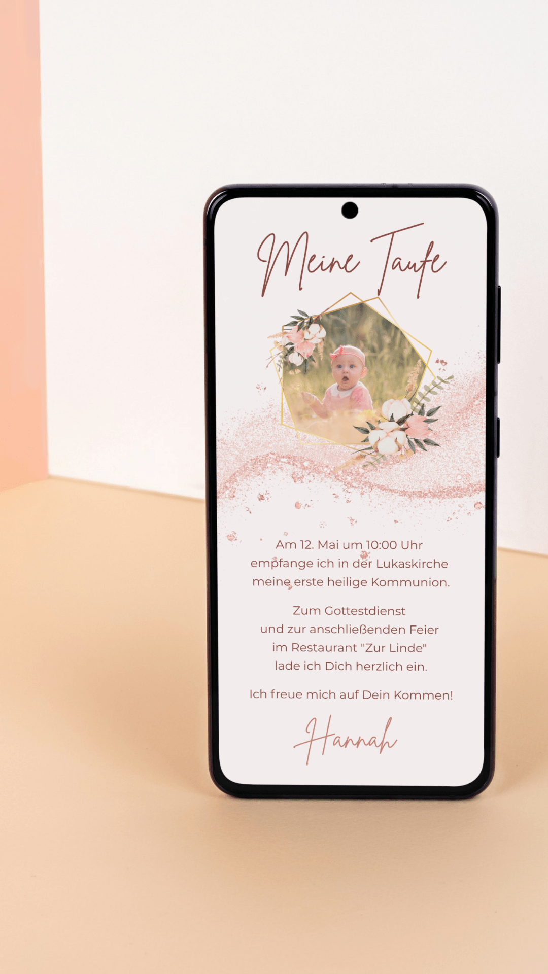 Digitale Taufeinladung in Roségold – elegante & schlichte Einladung zur Taufe - karten - digital