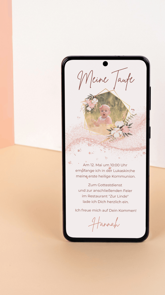 Digitale Taufeinladung in Roségold – elegante & schlichte Einladung zur Taufe - karten - digital