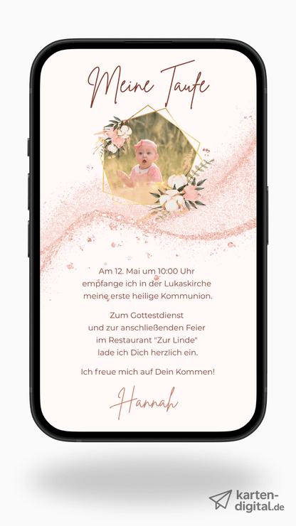 Digitale Taufeinladung in Roségold – elegante & schlichte Einladung zur Taufe - karten - digital