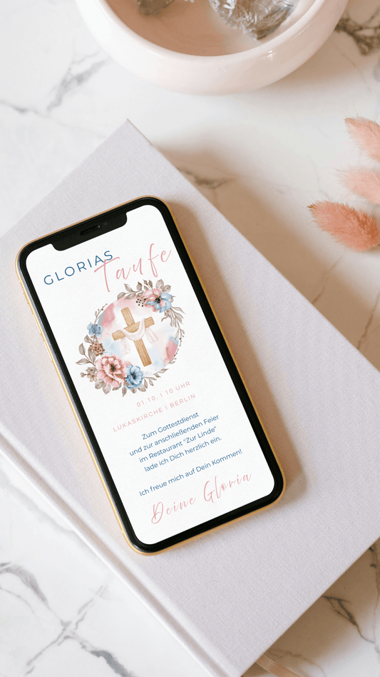 Digitale Taufeinladung – liebevoll gestaltet mit Blumenkranz & Holzkreuz - karten - digital