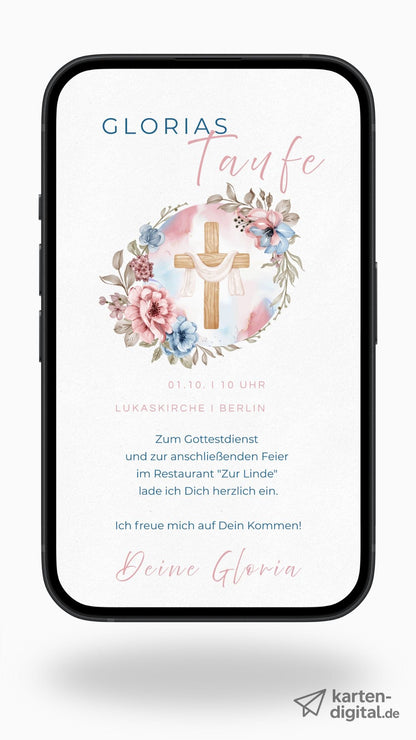Digitale Taufeinladung – liebevoll gestaltet mit Blumenkranz & Holzkreuz - karten - digital