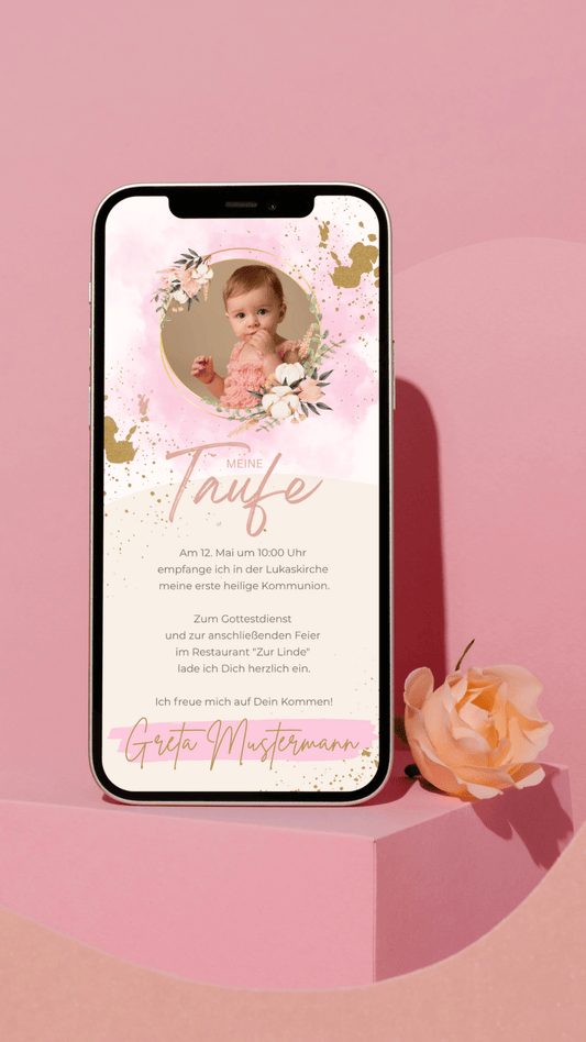 Digitale Taufeinladung mit Foto – edel & modern in Rosa und Gold - karten - digital