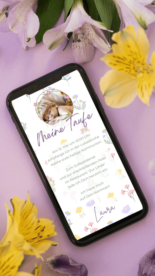 Digitale Taufeinladung mit Foto – liebevoll & blumig im Aquarellstil - karten - digital