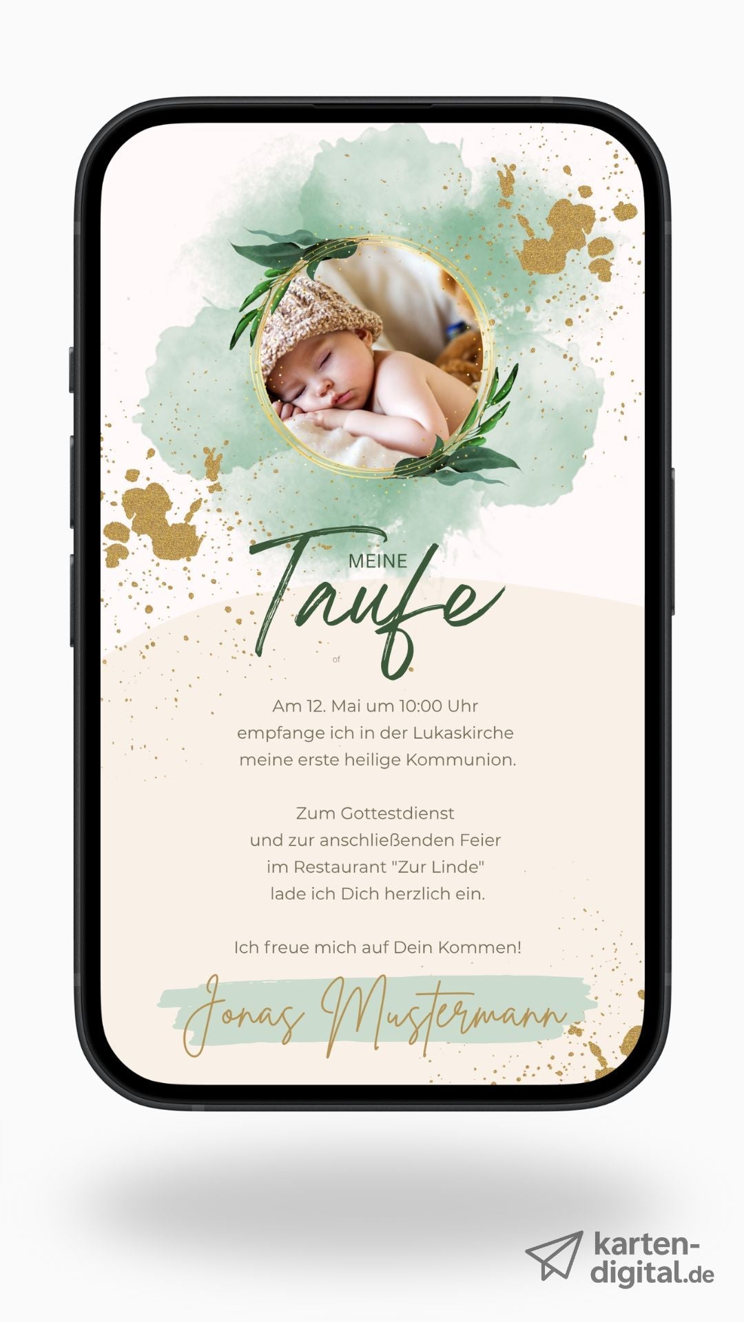 Digitale Taufeinladung mit Foto – stilvoll & modern in Grün und Gold - karten - digital