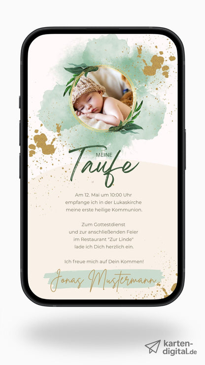 Digitale Taufeinladung mit Foto – stilvoll & modern in Grün und Gold - karten - digital