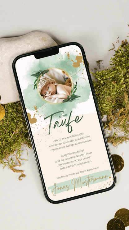 Digitale Taufeinladung mit Foto – stilvoll & modern in Grün und Gold - karten - digital