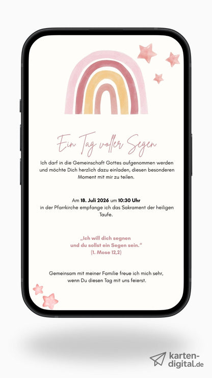 Digitale Taufeinladung mit Regenbogen & Sternen – zweiseitige Einladung zur Taufe mit Segensspruch - karten - digital