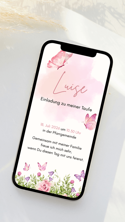 Digitale Taufeinladung mit Schmetterlingen & Blumen – liebevoll - verspielte Einladung zur Taufe - karten - digital
