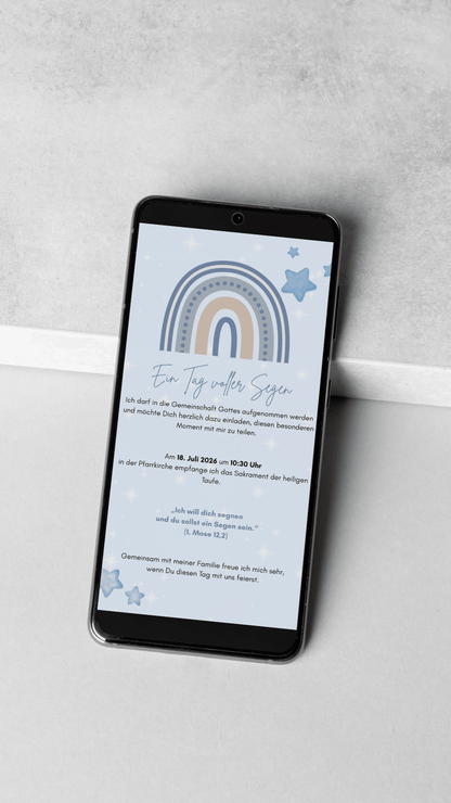 Digitale Taufeinladung mit Segensspruch & Regenbogen in Blau – zweiseitige Einladung zur Taufe - karten - digital