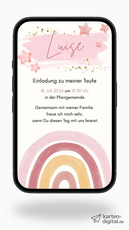 Digitale Taufeinladung mit Regenbogen und Sternen.