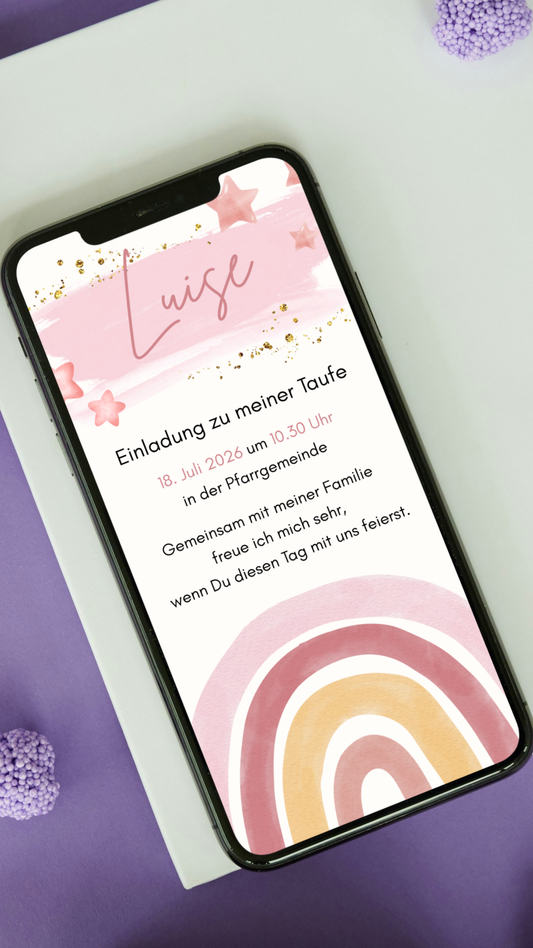Digitale Taufeinladung mit Regenbogen und Sternen.