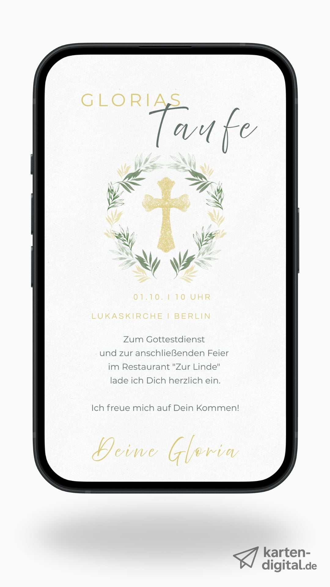 Digitale Taufeinladung – schlicht & elegant mit goldener Kreuzgrafik - karten - digital