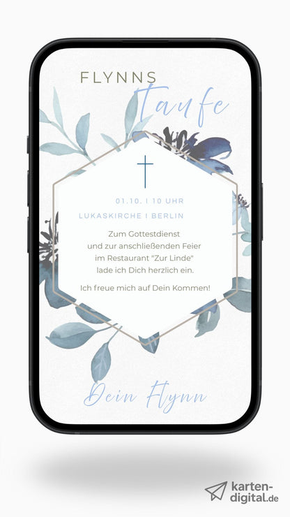 Digitale Taufeinladung – stilvoll & modern mit blauen Aquarellblättern - karten - digital