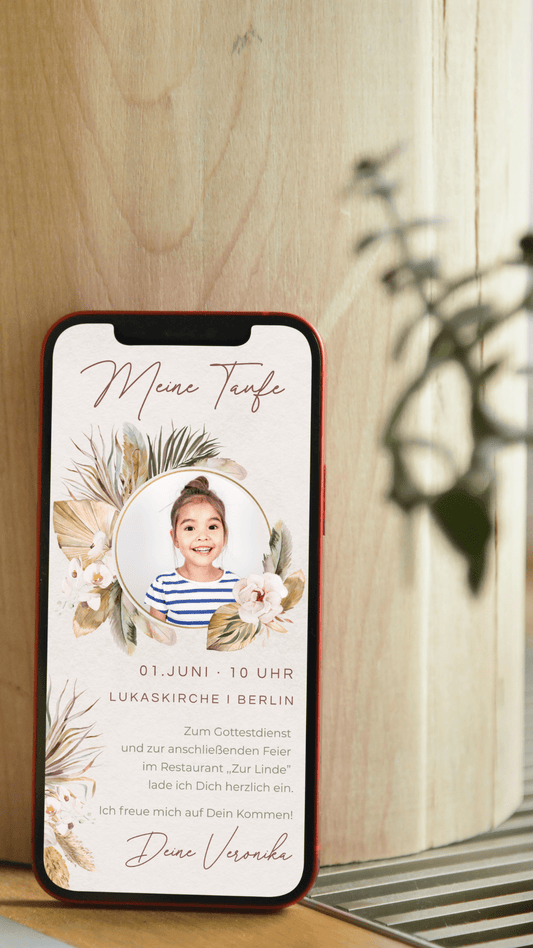 Digitale Taufeinladung – Trockenblumen & Portrait - karten - digital