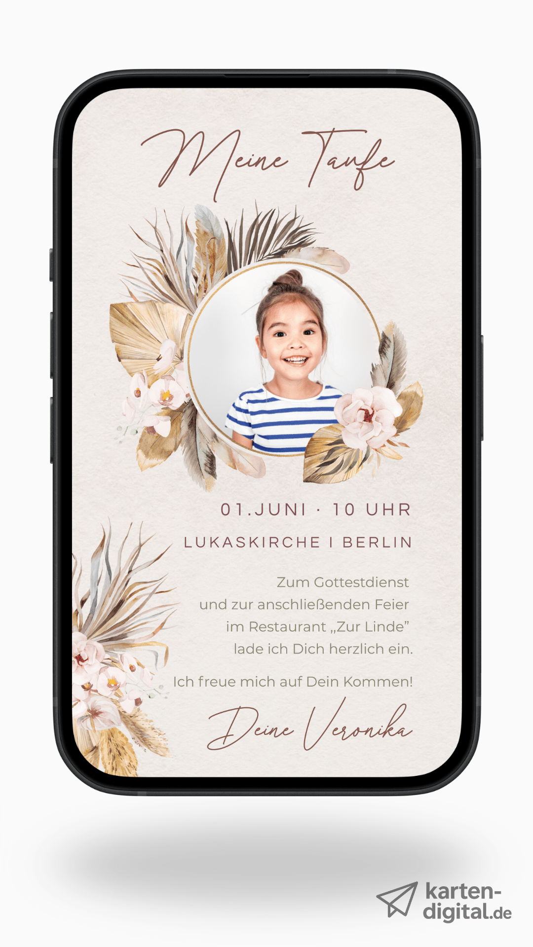 Digitale Taufeinladung – Trockenblumen & Portrait - karten - digital