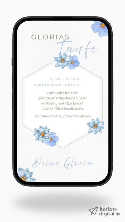 Digitale Taufeinladung – zartes Aquarelldesign mit blauen Blumen - karten - digital