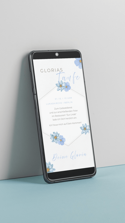 Digitale Taufeinladung – zartes Aquarelldesign mit blauen Blumen - karten - digital