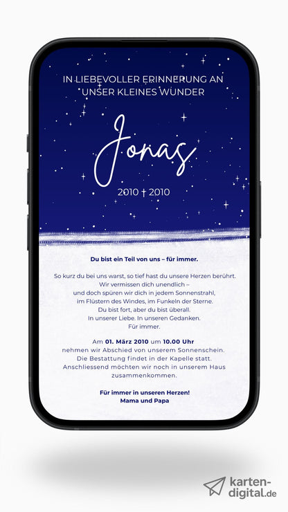 Digitale Trauerkarte für ein verstorbenes Kind – liebevoll gestaltet mit Sternenhimmel - karten - digital