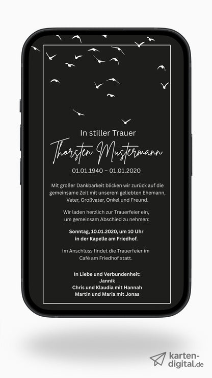 Digitale Trauerkarte in Schwarz – stilvoll und würdevoll zur Beerdigung einladen - karten - digital