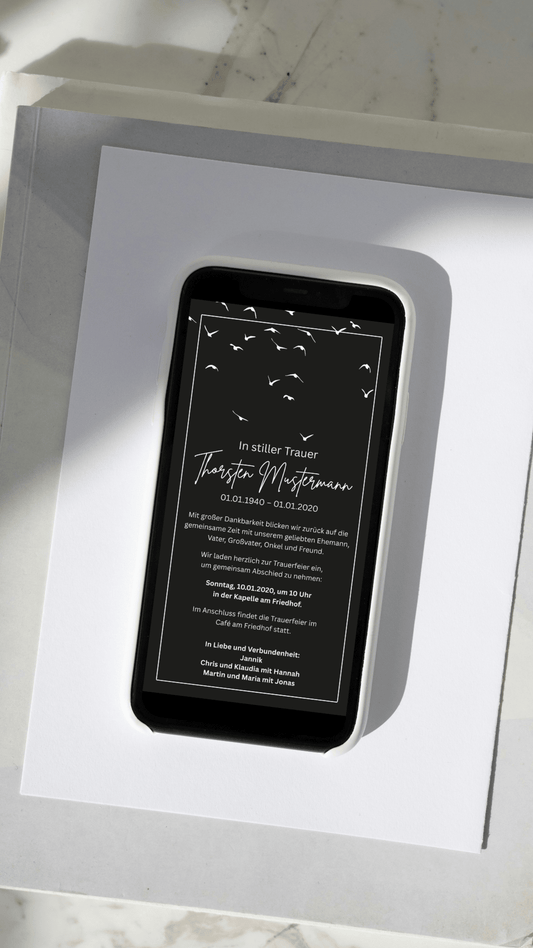 Digitale Trauerkarte in Schwarz – stilvoll und würdevoll zur Beerdigung einladen - karten - digital