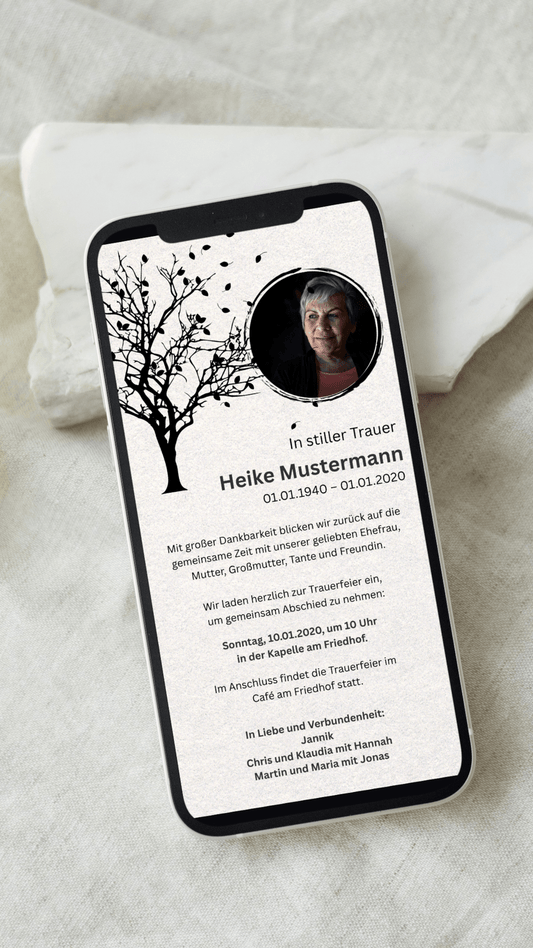 Digitale Trauerkarte mit Baum und Foto – eindrucksvoll und persönlich Abschied nehmen - karten - digital