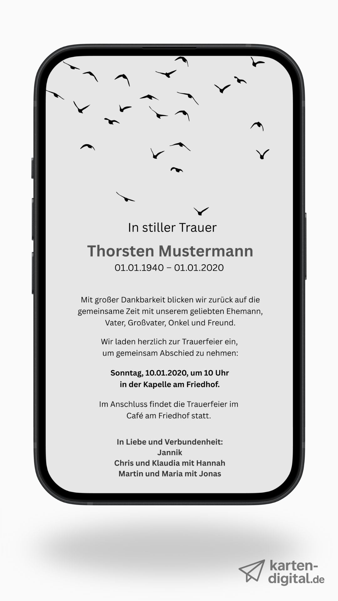 Digitale Trauerkarte mit Beerdigungsdetails – stilvoll und persönlich Abschied nehmen - karten - digital