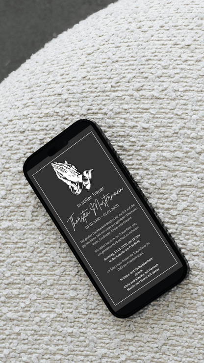 Digitale Trauerkarte mit betenden Händen – würdevoll Abschied nehmen und zur Beerdigung einladen - karten - digital