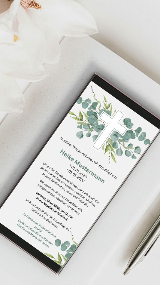 Digitale Trauerkarte mit Eukalyptus und Kreuz – stilvoller Abschied mit natürlichem Design - karten - digital