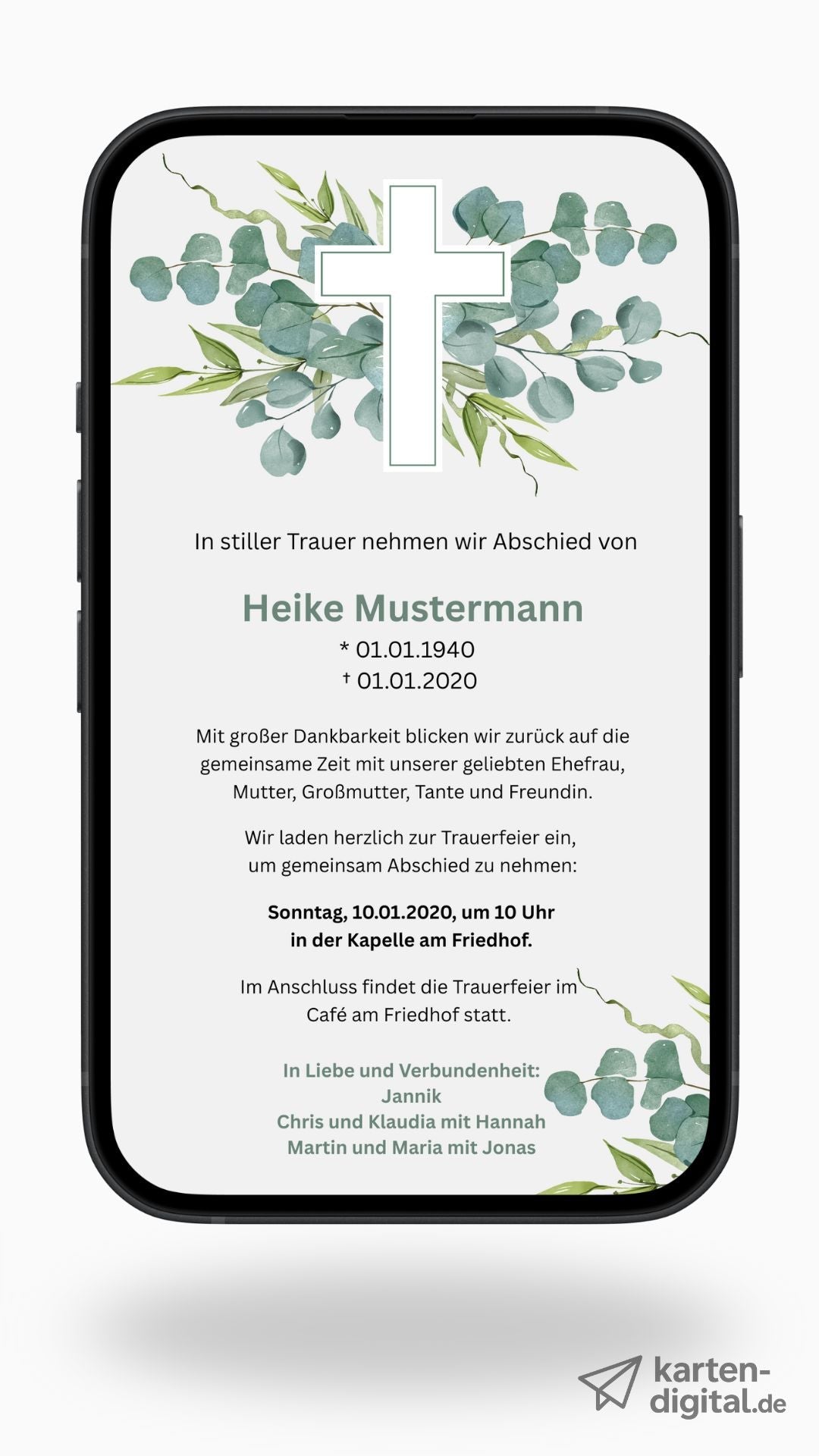 Digitale Trauerkarte mit Eukalyptus und Kreuz – stilvoller Abschied mit natürlichem Design - karten - digital