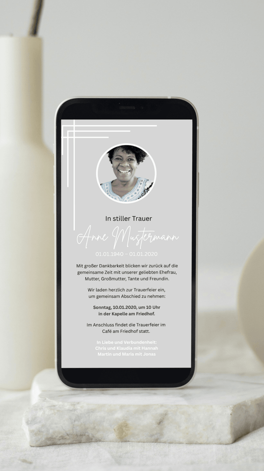 Digitale Trauerkarte mit Foto und modernem Design – stilvoll Abschied nehmen mit Persönlichkeit - karten - digital