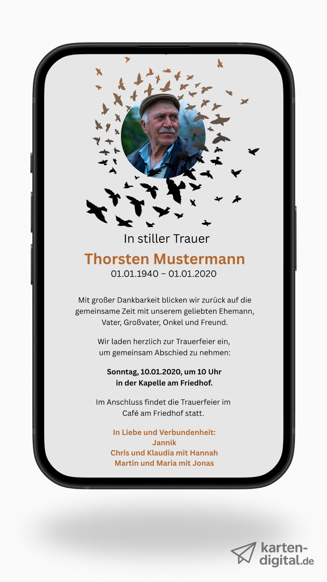 Digitale Trauerkarte mit Foto – würdevoll Abschied nehmen und einladen zur Beerdigung - karten - digital