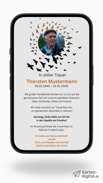 Digitale Trauerkarte mit Foto – würdevoll Abschied nehmen und einladen zur Beerdigung - karten - digital