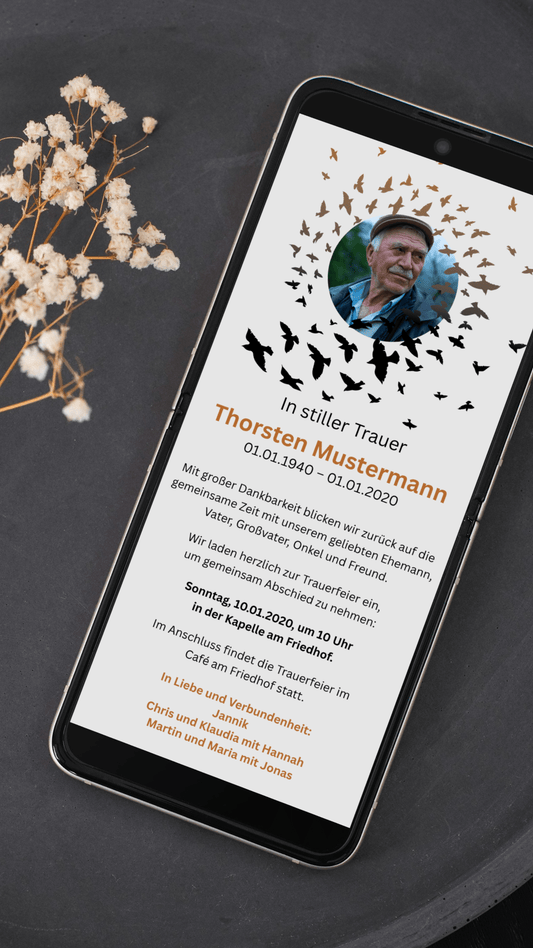 Digitale Trauerkarte mit Foto – würdevoll Abschied nehmen und einladen zur Beerdigung - karten - digital